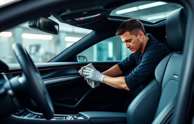 Auto detailer cleaning a car interior