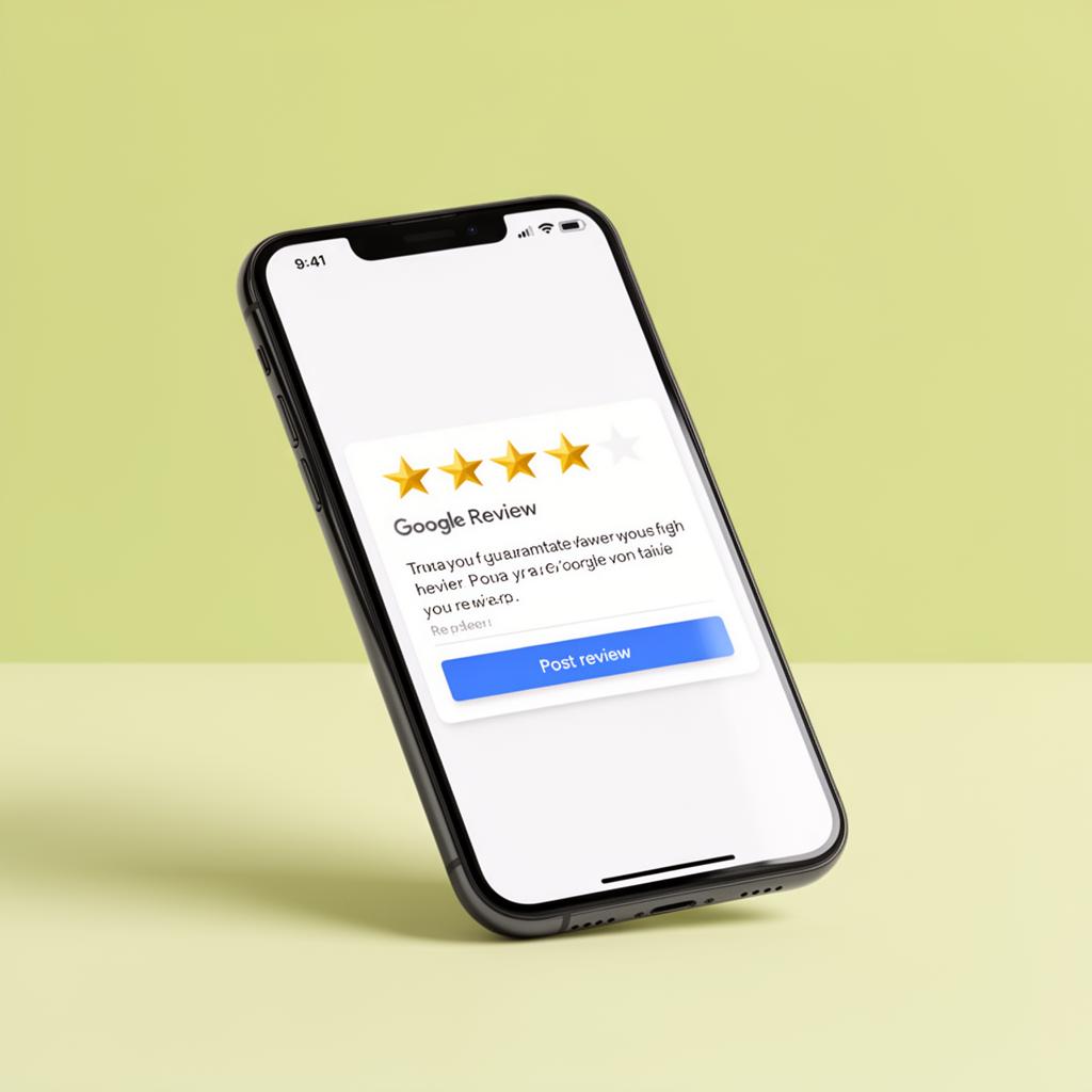 Smartphone displaying a 5-star Google review being written